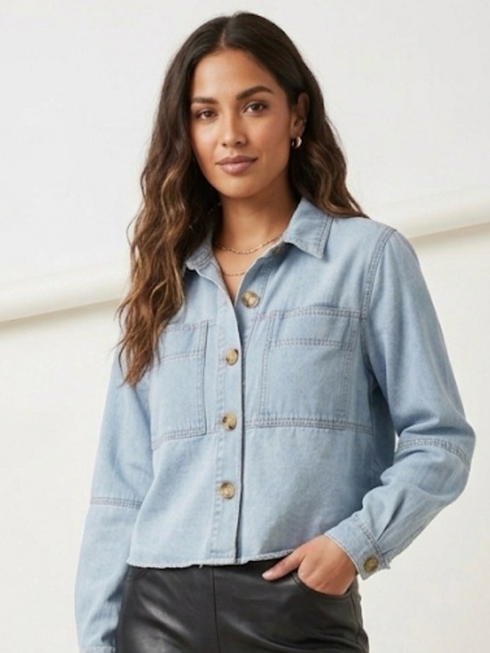 Velvet Heart Jackets & Blazers - Velvet Heart Light Blue Denim Shacket with Button Front